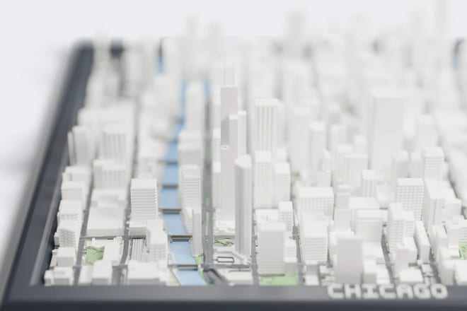 3D printed Chicago skyline map in a raised frame with lettering