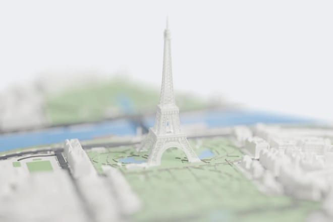 3D model of the Eiffel Tower on a printable Paris city map