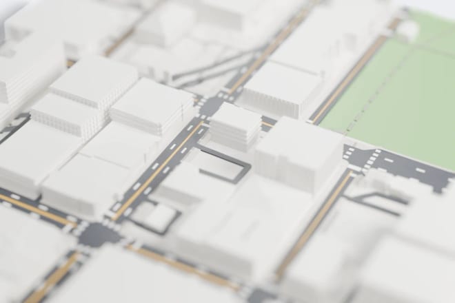 3D street map of Seattle with lane markings and crosswalks