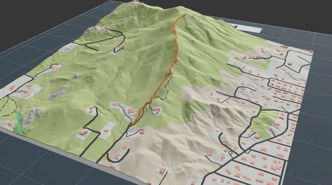3D printed trail map with a raised GPX route along a mountain ridge